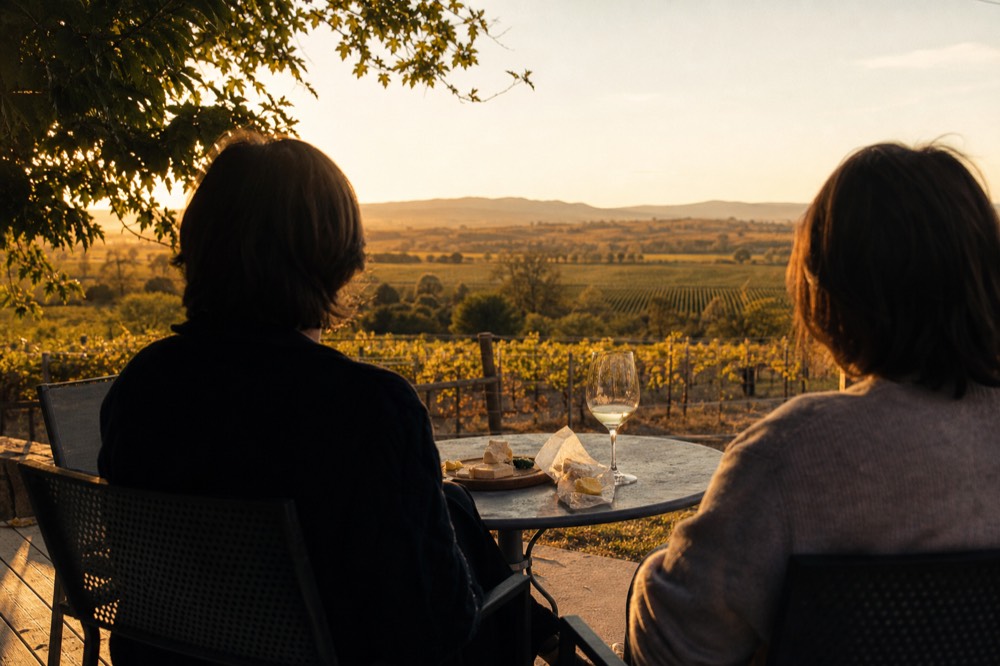 Couple enjoying wine at an outdoor table overlooking vineyards, no text, no logos, no people