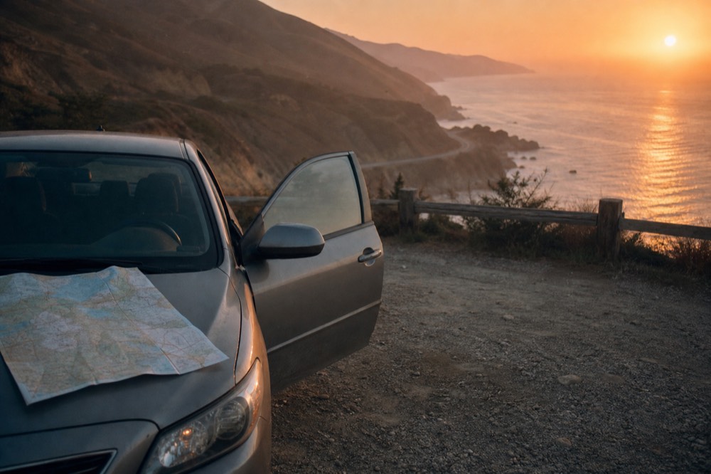 Parked car at a scenic overlook above the coast road, no text, no logos, no people
