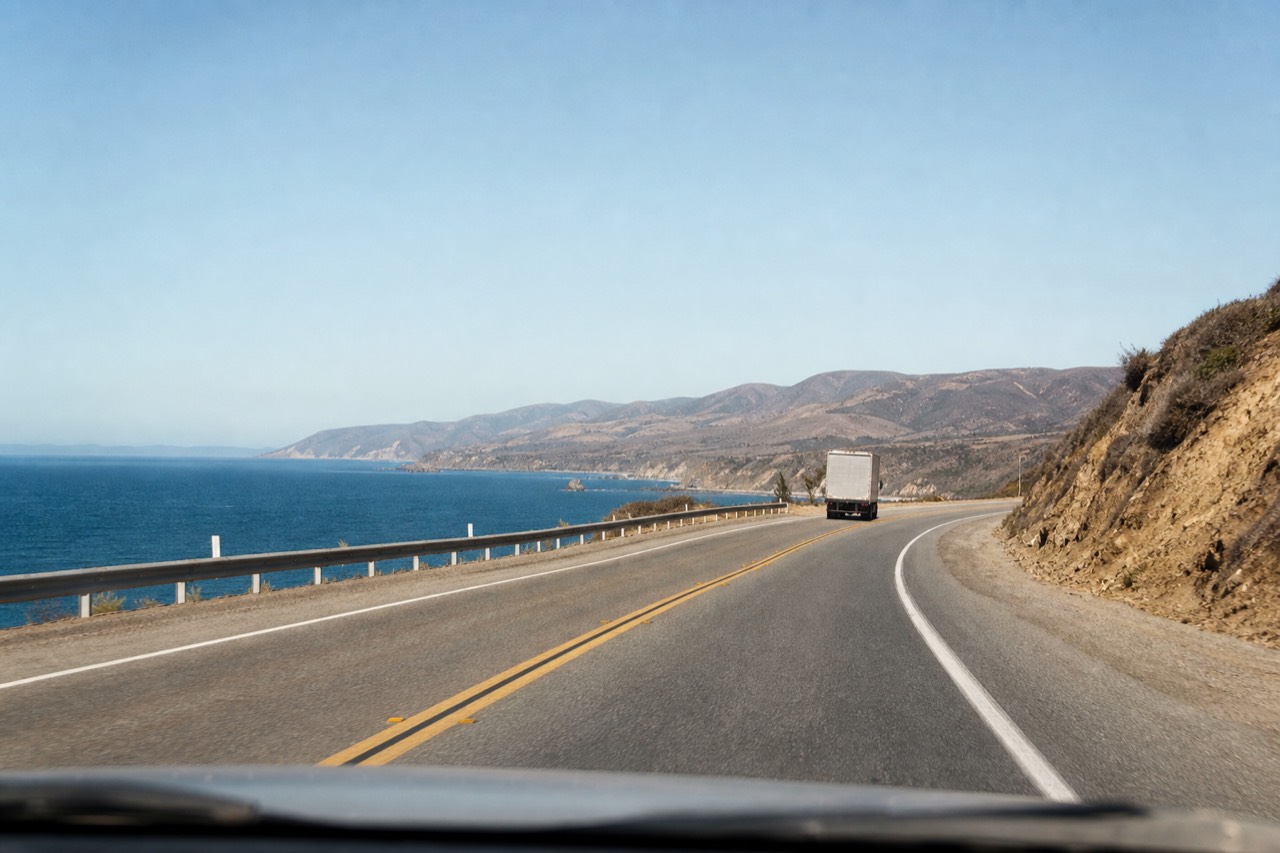 Coastal highway curving toward Ensenada with hills in the distance, no text, no logos, no people.