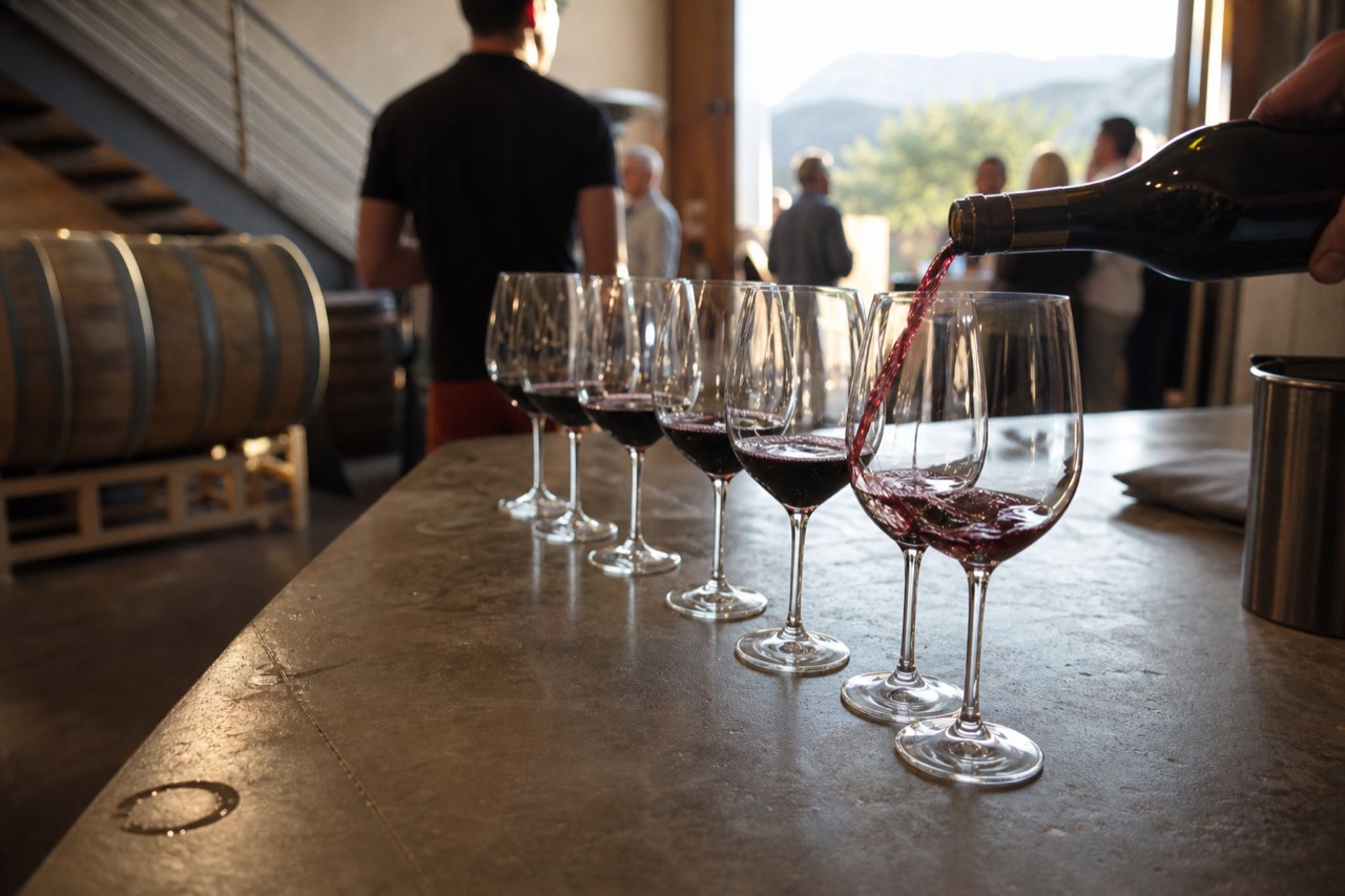 A tasting room counter with glasses of red wine lined up for a pour, no text, no logos, no people
