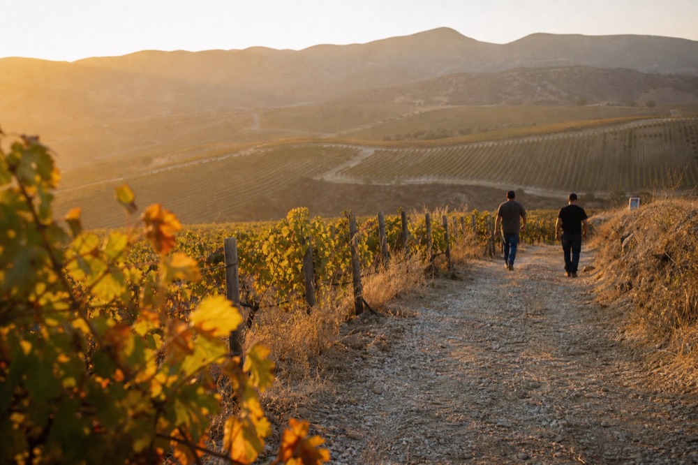 Vineyard rows in the hills near Ensenada at golden hour, no text, no logos, no people