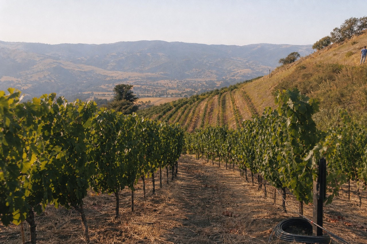 Rows of vineyards on a warm valley hillside in Valle de Guadalupe, no text, no logos, no people.