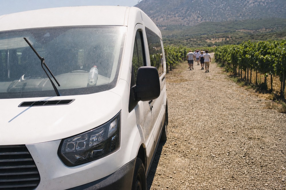 Van parked on a gravel road between vineyard rows at midday, no text, no logos, no people