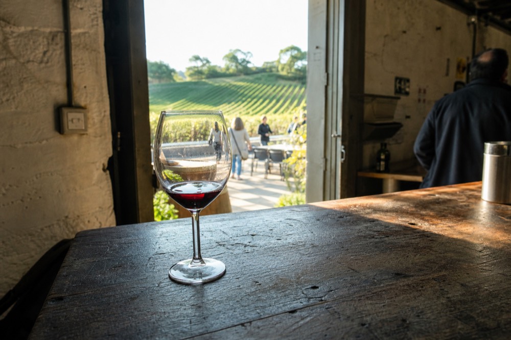 A glass of red wine on a wooden tasting bar with vineyards blurred behind, no text, no logos, no people.