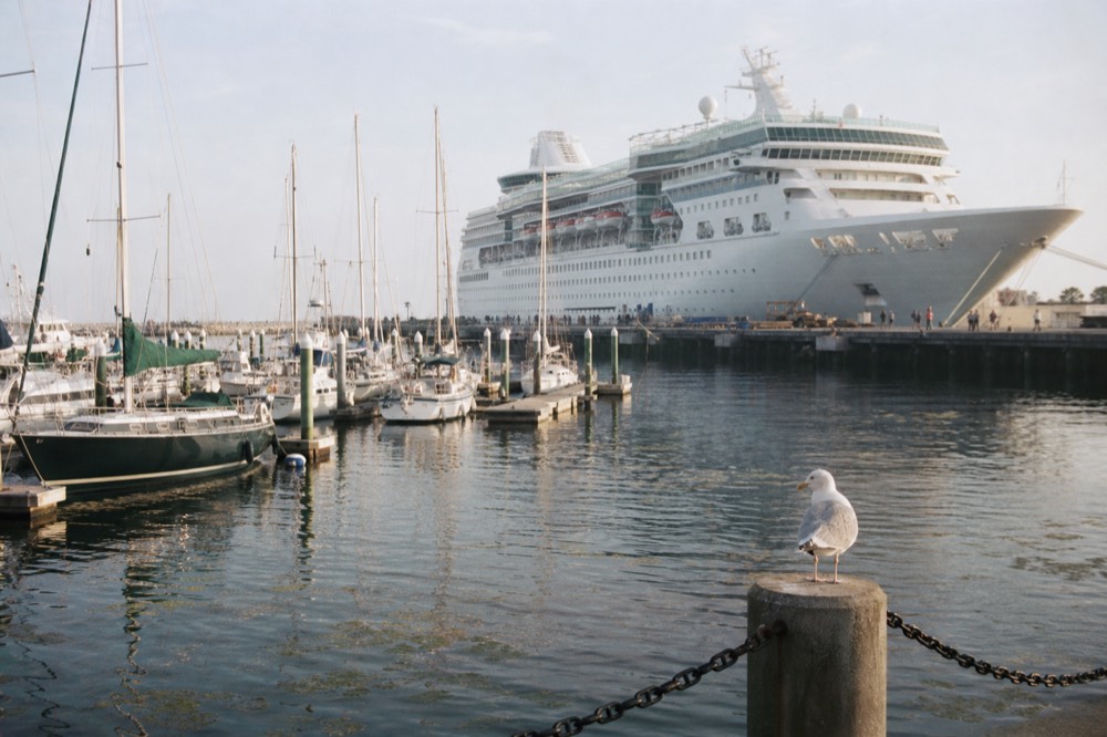 Ensenada cruise port with ship in background, no text, no logos, no people