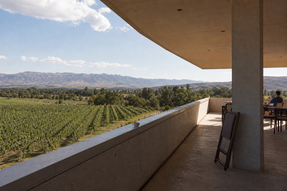 A modern hillside hotel terrace overlooking rows of grapevines in Valle de Guadalupe, no text, no logos, no people