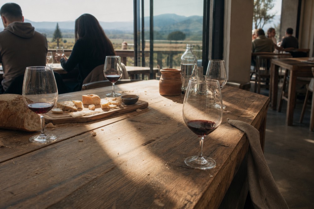 A shared tasting table with bread, cheese, and glasses of wine in a sunlit Baja winery, no text, no logos, no people