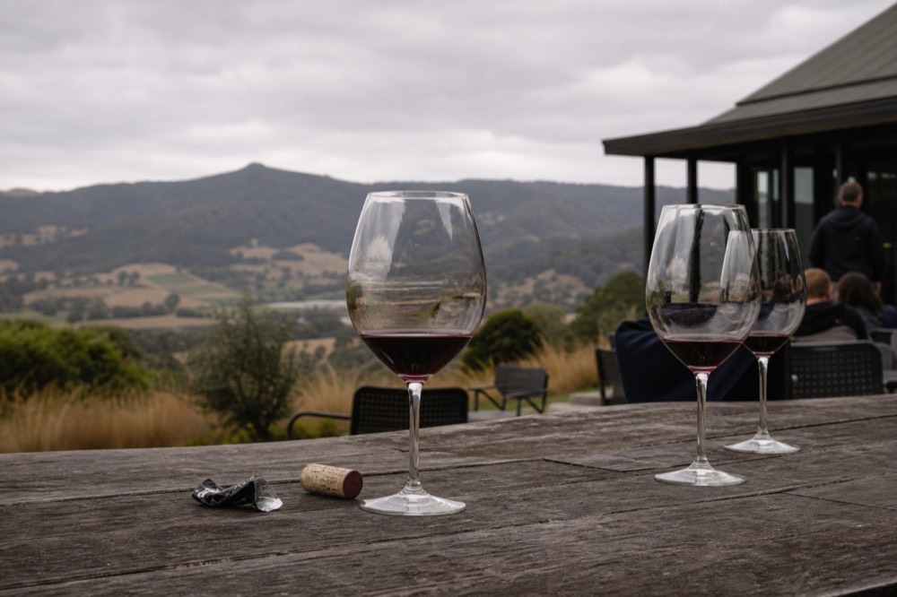Wine glasses on a tasting table at a Valle de Guadalupe winery, no text, no logos, no people