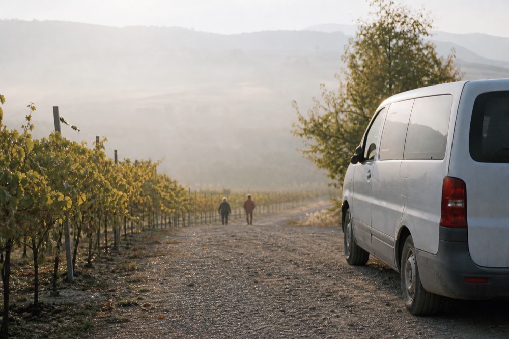 A passenger van parked on a gravel road beside vineyard rows, no text, no logos, no people