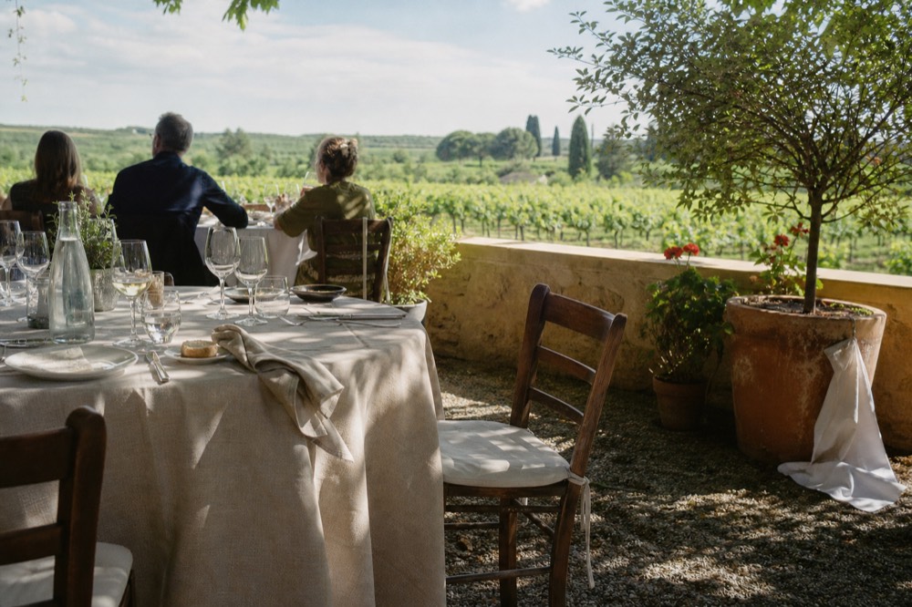 An outdoor lunch table set with wine glasses overlooking vines, no text, no logos, no people